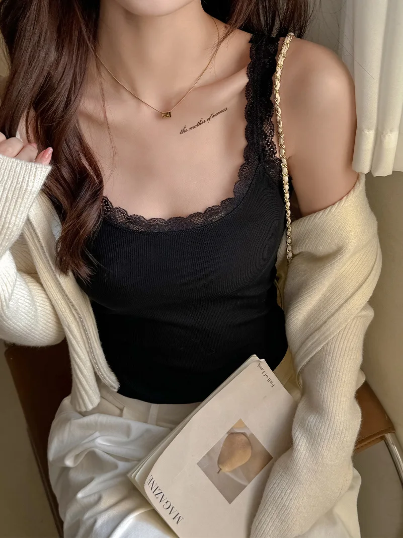 Lace Square Neck New Tank Top Womens Summer Sexy Korean Y2K Clothing Youth Trendy Comfy Vest Thread Stretch Basics Beauty Back