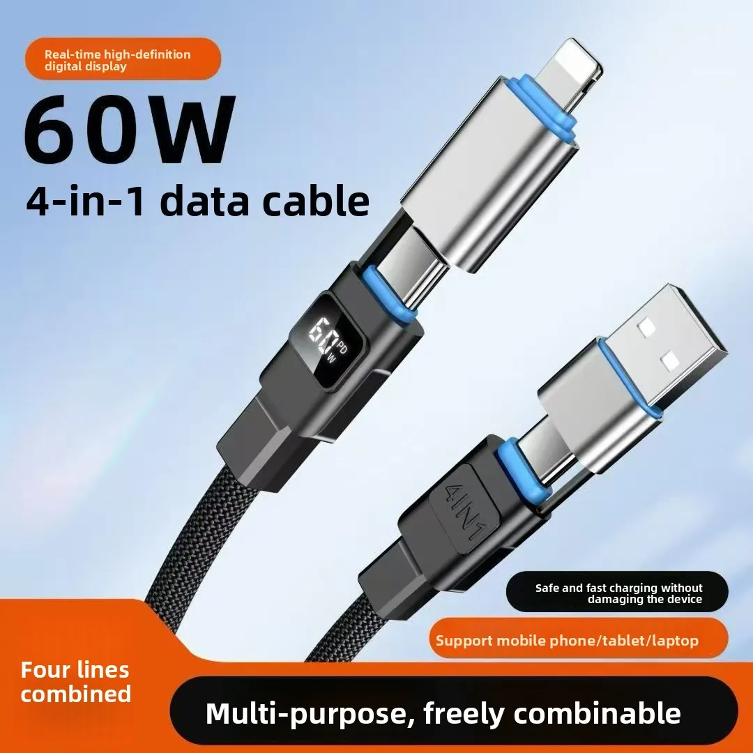 60W 4-in-2 Data Cable Super Fast Charging USB to Type-C USB C With LED For IPhone16 15 14 XIAOMI HUAWEI