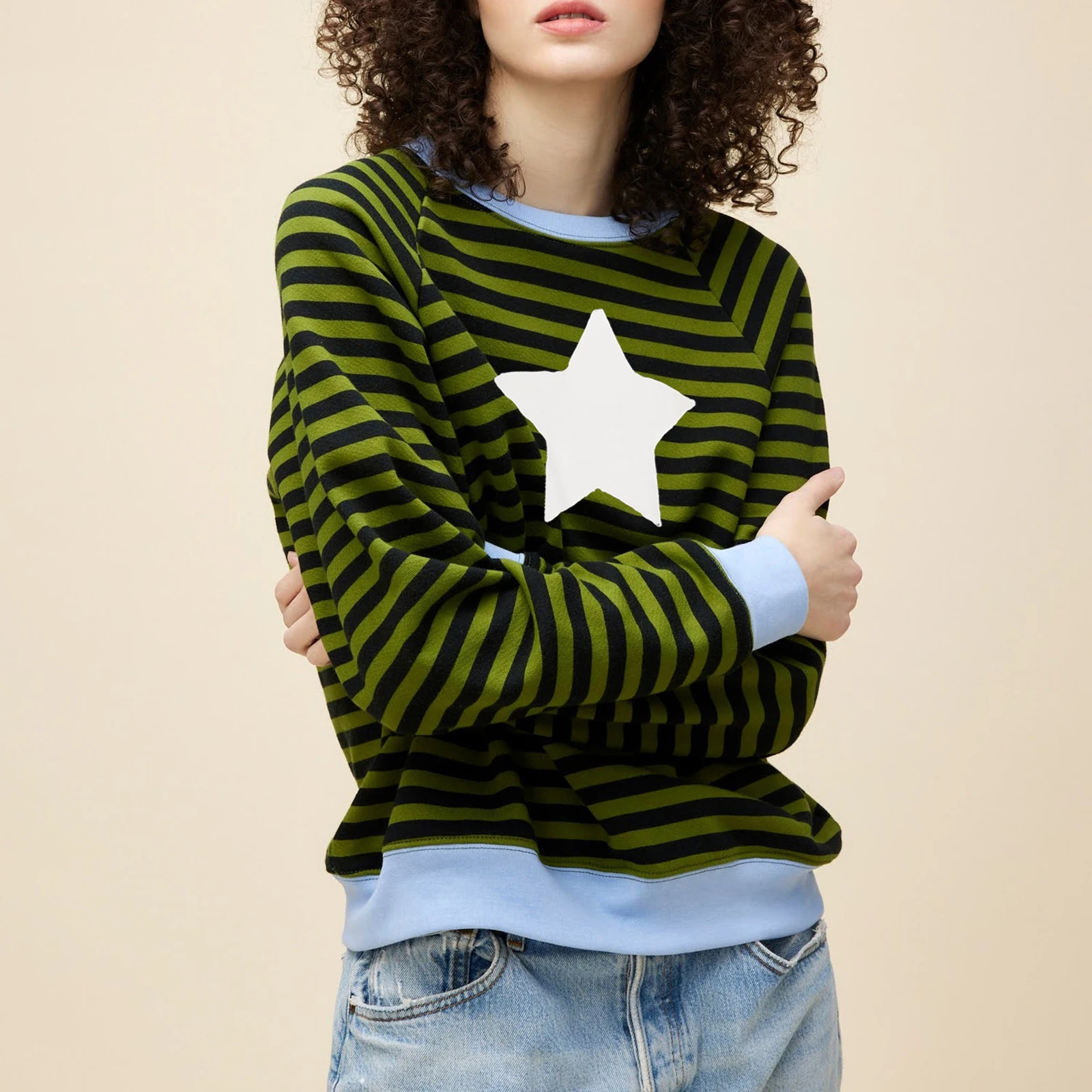 Women Sweatshirt Long Sleeve Crew Neck Star Striped Hoodie Pullover Casual Tops