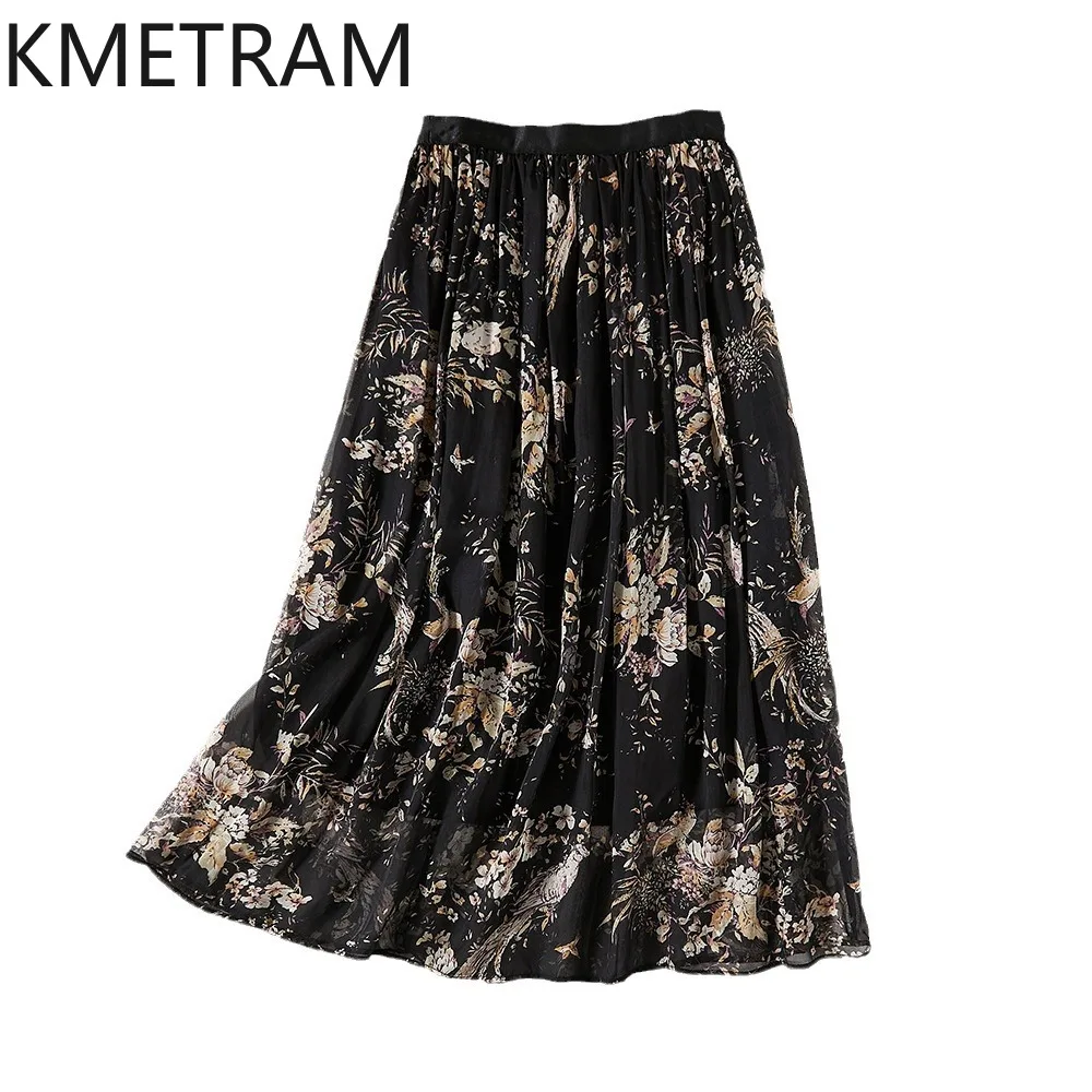 KMETRAM 100% Real Mulberry Silk Women's Skirts Black Floral Beach Midi Skirt Flowy Vacation Skirts 2026 Summer Woman Clothing 치마