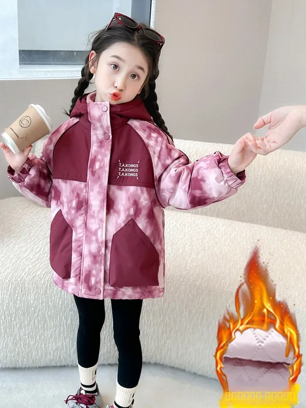 

Thiened Fce Girls Cotton Jaet Children's down Jaet New 2025 Warm Top Coat Girls' Winter Coat Zipper Closure Pure Color