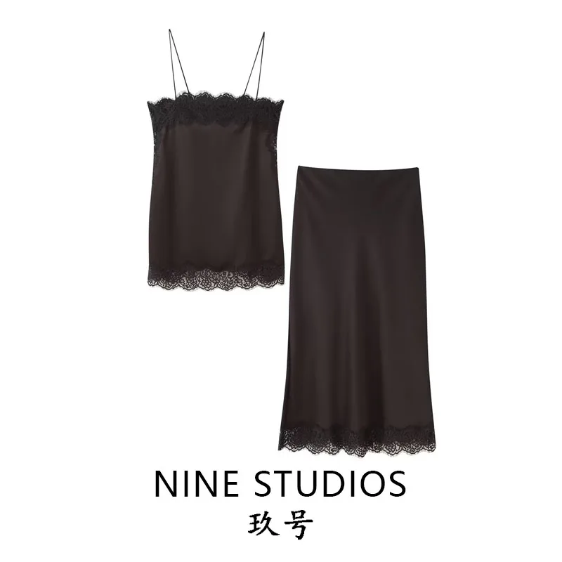 

Шелковый атласный текстурный кружевной топ с юбкой, комплект женской модной летней одежды, европейский комплект из двух предметов для взрослых