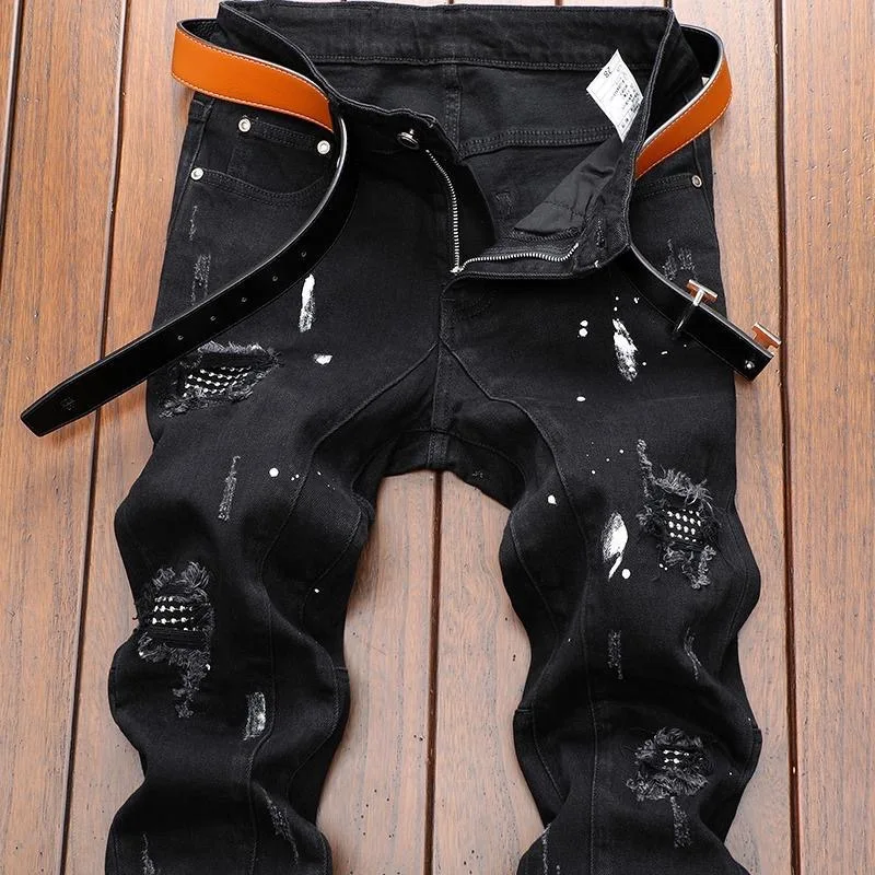 

Autumn and Spring Fashion Trend Retro Sports Straight Leg Ripped Jeans Men's Casual Comfortable Stretch High Quality Denim Pants