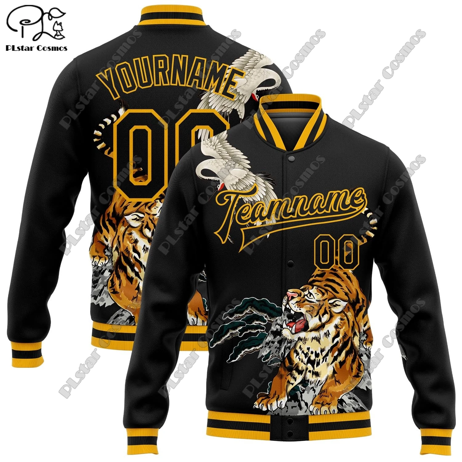 3D printing custom white crane cloud black golden crane tiger pattern authentic full snap jacket unisex winter new product