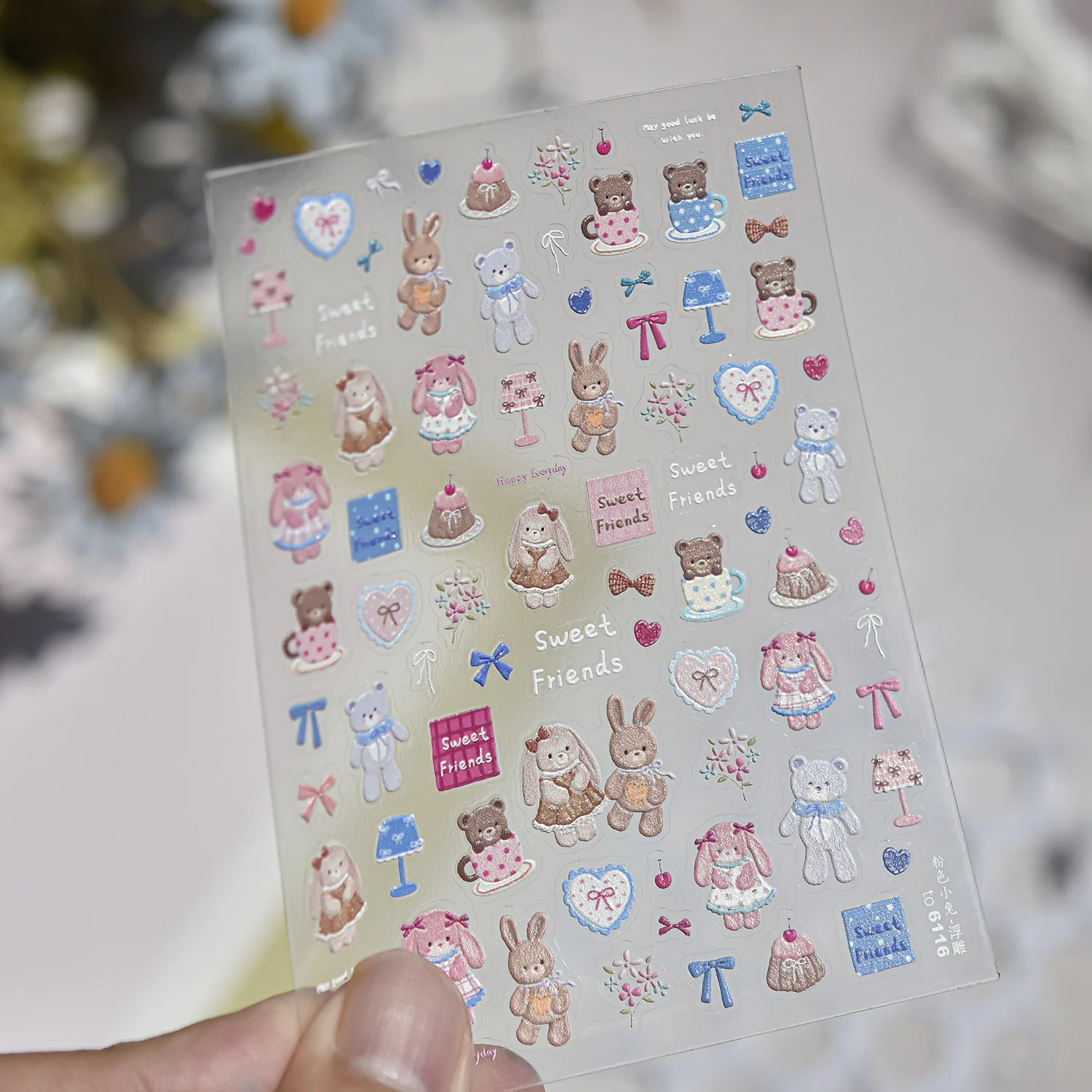 5D Cute Sweet Nail Art Stickers Color Fabric Bear Lop‑Eared Rabbit Teacup Cake Bow Knot Small Floral Self‑Adhesive Nail Decor