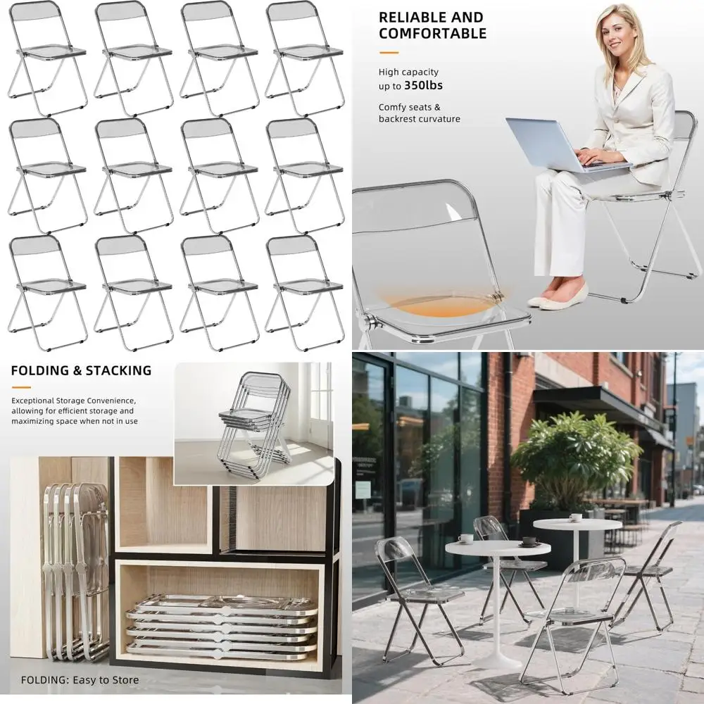 Clear Acrylic Folding Chairs Set of 12, Elegant Modern Design with Metal Frame, Portable Comfortable Transparent Plastic Chairs