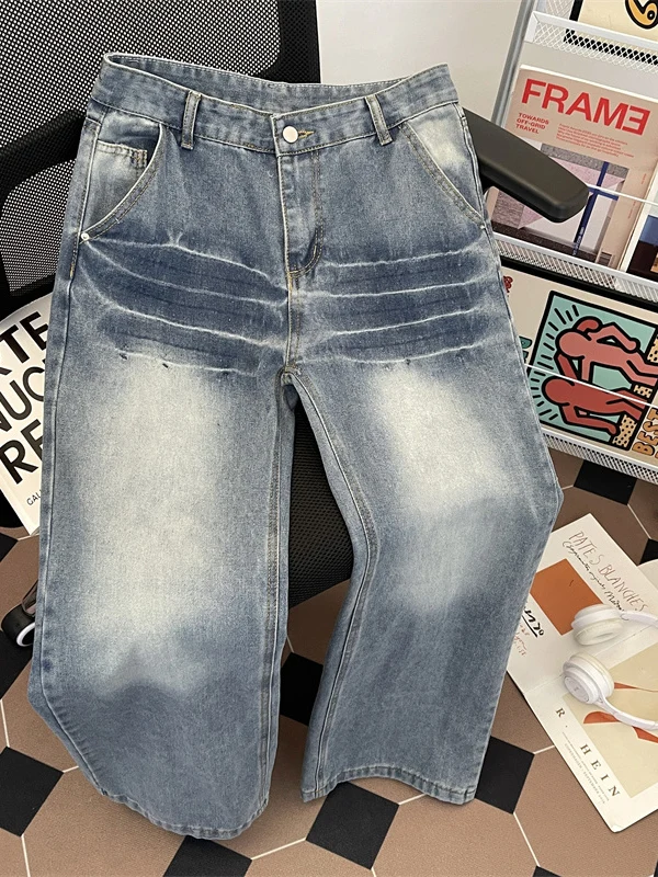 

Retro American Style Men's Jeans Loose Straight Leg Lightning Pattern Jeans Casual Straight Cut Long Trousers for Teens