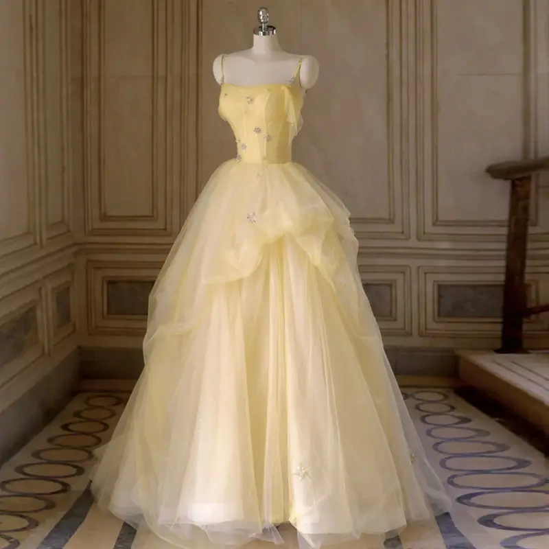 Vestido De baile De princesa amarillo, vestido De fiesta De noche clásico con lentejuelas De cristal, vestidos De cóctel con tirantes finos De lujo, vestido De tul