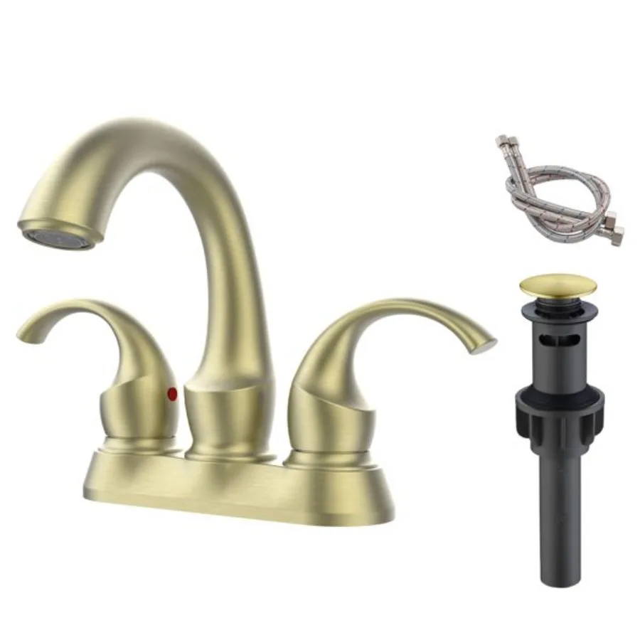

Bathroom Faucet 2Handle Brushed Gold with Aerator Swan Style 4inch Centerset Vanity Sink with PopUp Drain and Supply Hoses FR40