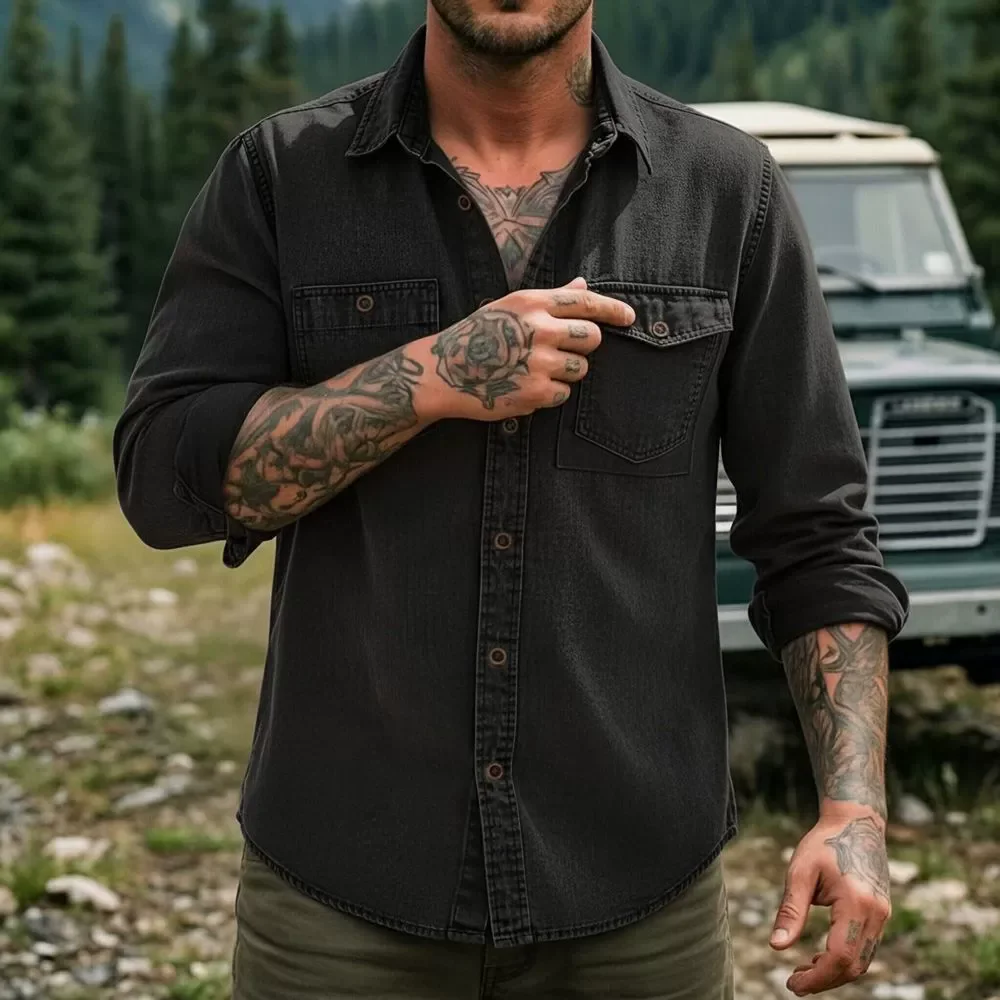 Spring Autumn Men's Vintage Casual Shirts Long Sleeve Cotton Denim Shirt Men Fashion Safari Style Turn Down Collar Washed Tops