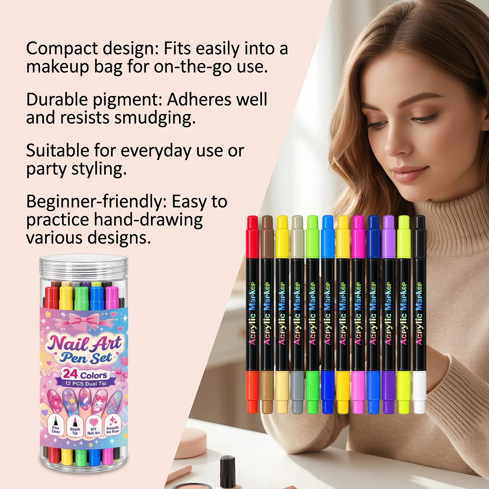 12PCS Dual Head Nail Art Pen Set 24 Colors Design Fine Liner Brush Tip Portable Smooth Ink Flow For DIY Nail Art Drawing Tools