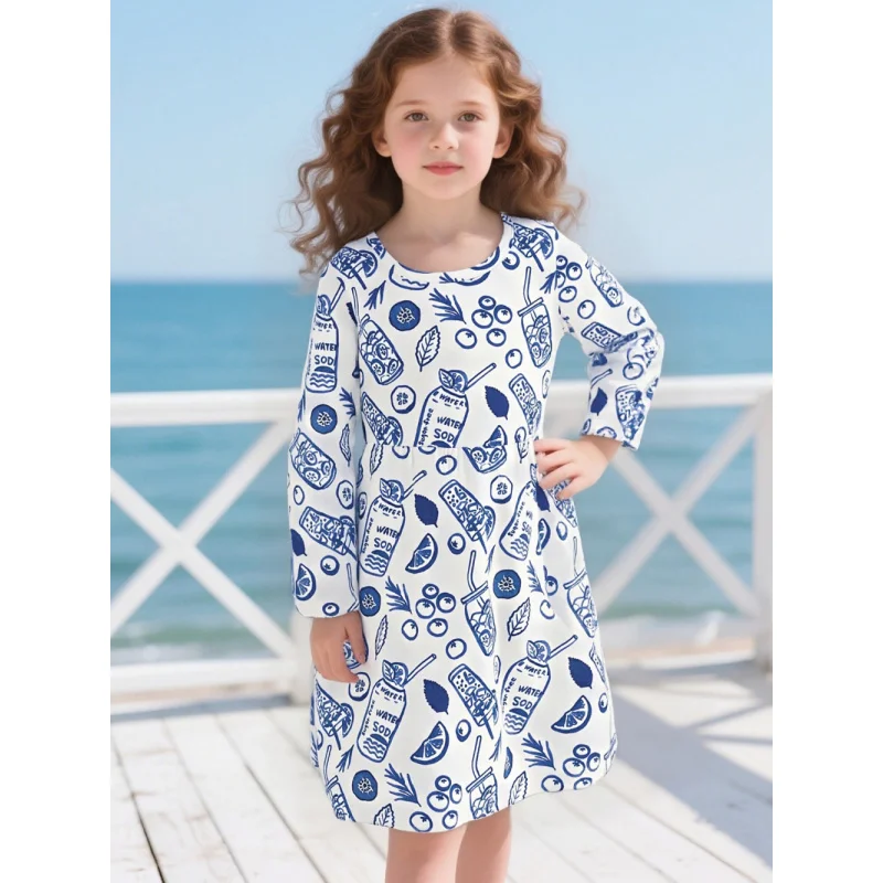 2025 الفتيات الأزرق والأبيض الصودا الفاكهة طباعة فستان بكم طويل الربيع والصيف الطازجة شاطئ البحر نمط الاطفال الركبة طول تنورة