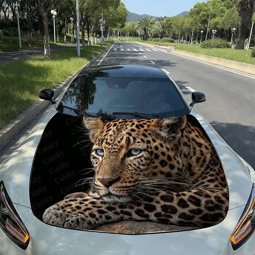 Fierce Leopard Car Hood Sticker PVC Self Waterproof Stick, Striking Auto Exterior Accessories Decor Protect Gift for Car Lover