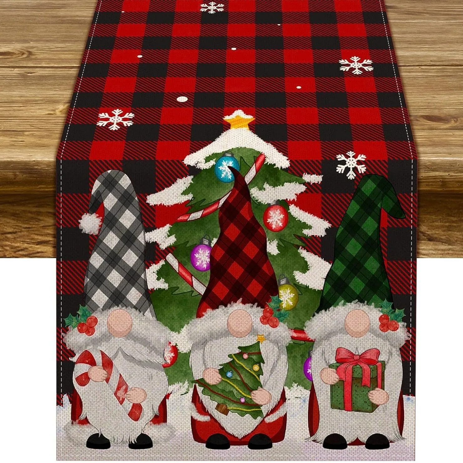 VIKAMA Tree Gnome Red Black Buffalo Plaid Table Runner Seasonal Dining Scarf for Dining Room Kitchen Winter Holiday Home Decor