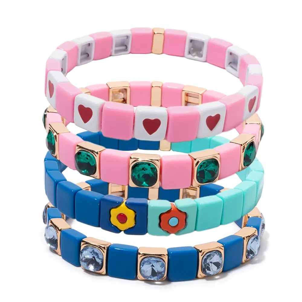 Hot Sale New Design Fashion Colorful Enamel Bracelets Square Shape Rhombus Faced Bohemain Geometric Elastic Bracelets For Women