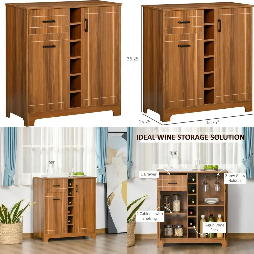 Retro-Style Wine Cabinet for 6 Bottles, Sideboard Serving Bar with Glass Holders and Drawer, Brown