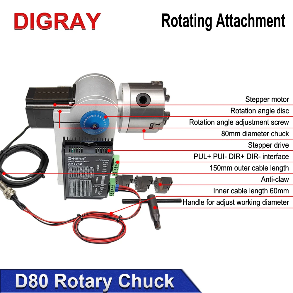 DIY acessório rotativo para máquina de marcação a laser de fibra, dispositivo rotativo com três mandril, DM5042 Driver para CO2 UV, RA-D80A