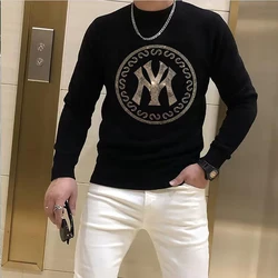 Men's Rhinestone Sweater Winter New Fashion Tops Warm Inner Garment Streetwear Style Fashion Trend Male Clothing Black Pullover