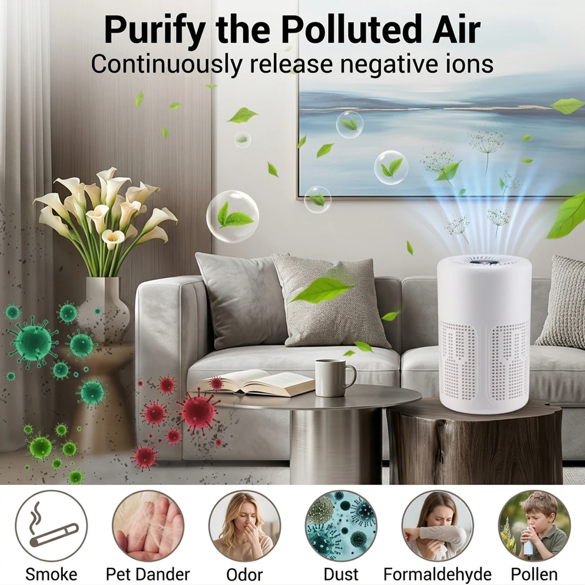 Negative Ion Air Purifier Formaldehyde Removal Air Cleaner Low Noise Multi‑Layer Filter Remove Dust Smoke Odor for Home Office