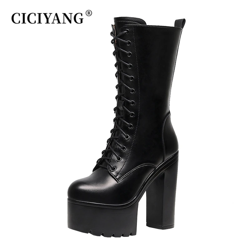 

CICIYANG Luxury Super-high Heel Middle Boots Cowhide Ladies 2024 Autumn New Model Catwalk Boots Platform Plus Size Marton Boots