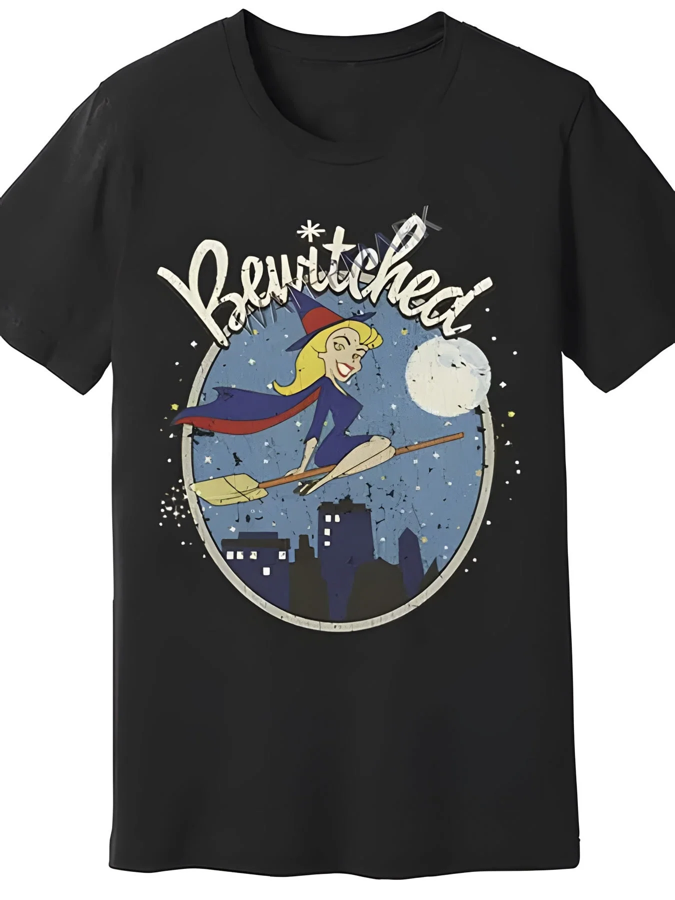 Charming Cartoon Design T-Shirt - Vintage-Style Black T-Shirt Featuring a Blonde Character in Blue Clothing, Wearing a Red Cape, Riding a Broom, And Set Against a Moonlit Cityscape - Perfect for Casual Wear And a Unique Gift Idea