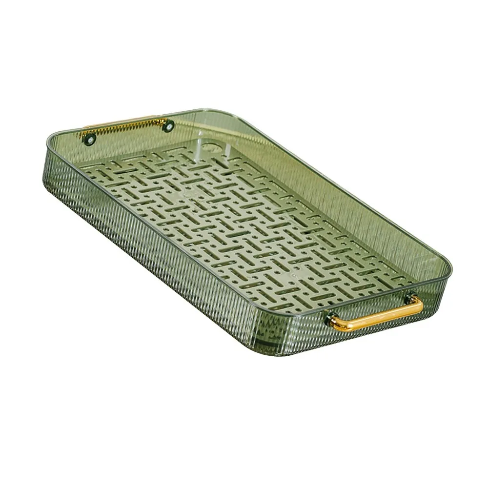 Double Layer Design Water Drainage Tea Tray Dark Green Color With Handles Tea Serving Tray Drain Tray Included Plastic Material