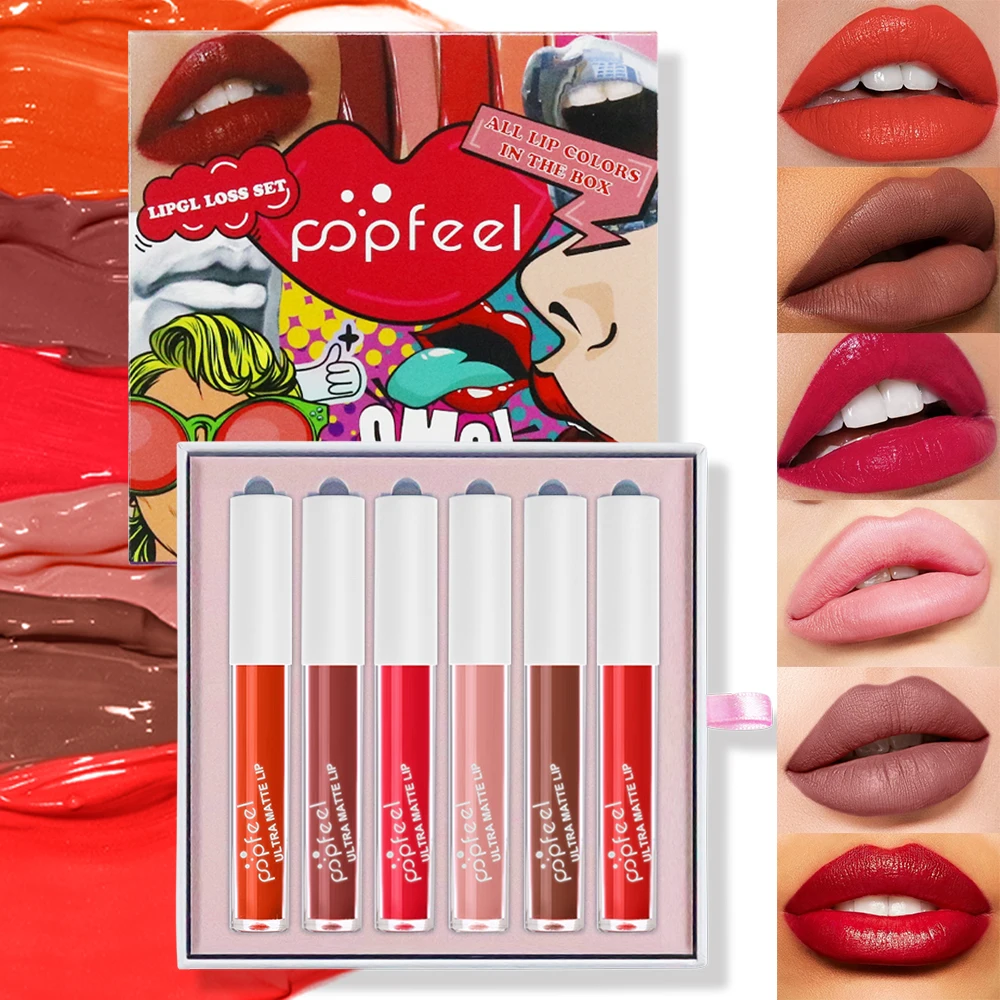 POPFEEL キャンディーカラー リップグロス&リップステイン 6個セット - 長持ち、転写しないフォーミュラ、あらゆる機会に最適、パーティーメイクに最適