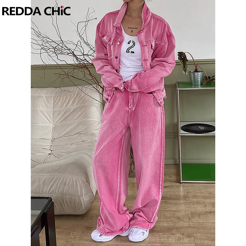 ReddaChic Women Aesthetic Pink Jacket Jeans Denim Suit Y2k Retro Casual Lapel Long Sleeves Statue Outer Baggy Jeans 2-piece Set