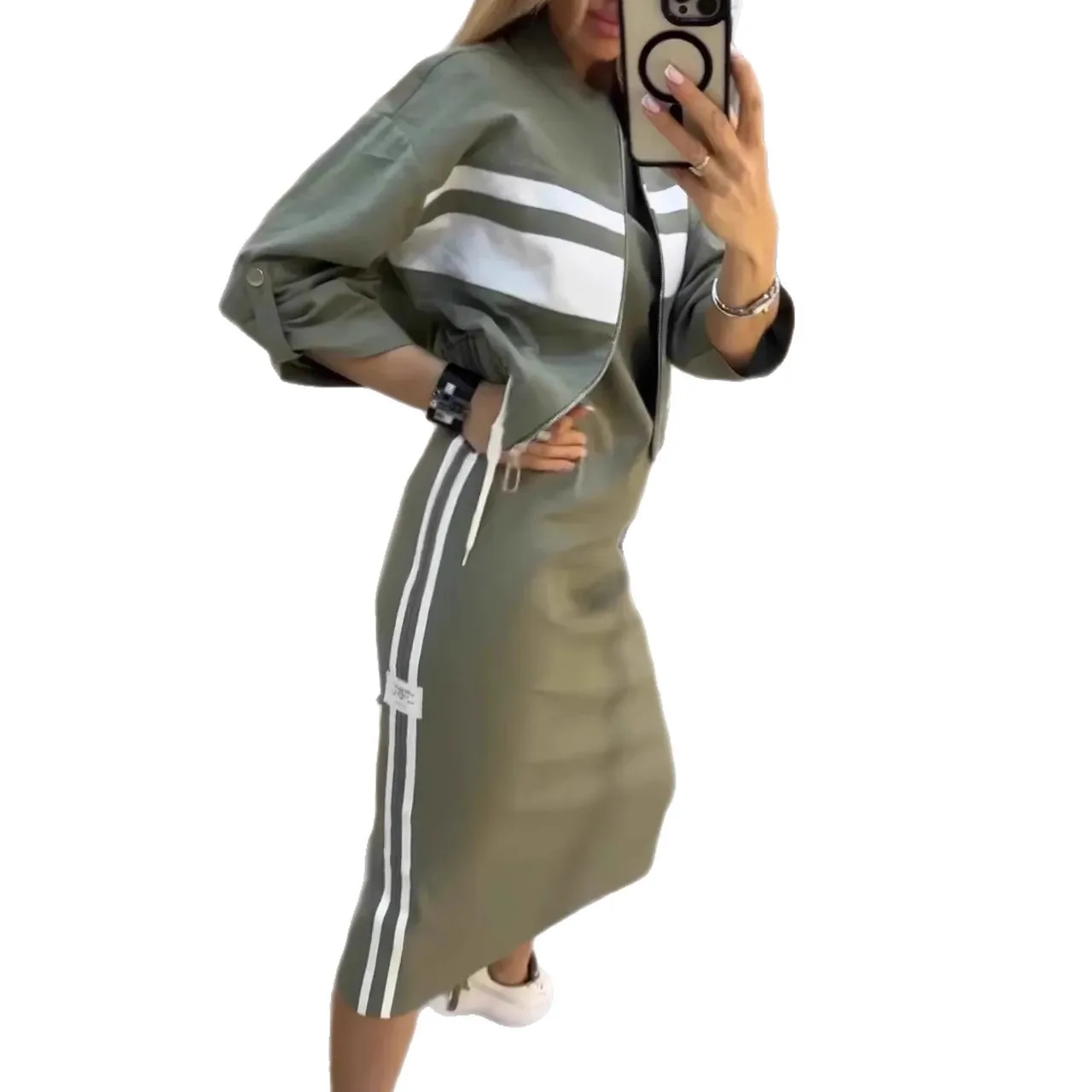 

2025 New Fashion Zipper Printed Jacket + Dress Two-piece Sets Women Autumn Casual Loose Pocket Jacket Dresses For Women