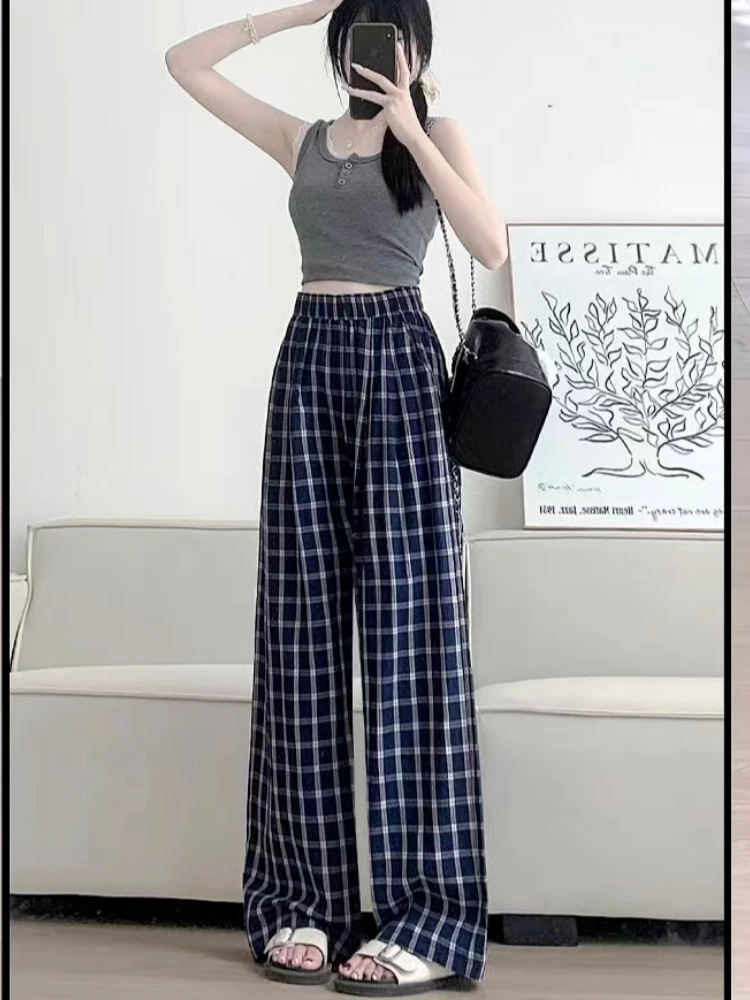 Deeptown Blue Plaid Women Pants Vintage Harajuku Oversized Wide Leg High Waist Straight Trousers Korean Fashion Jogging Casual