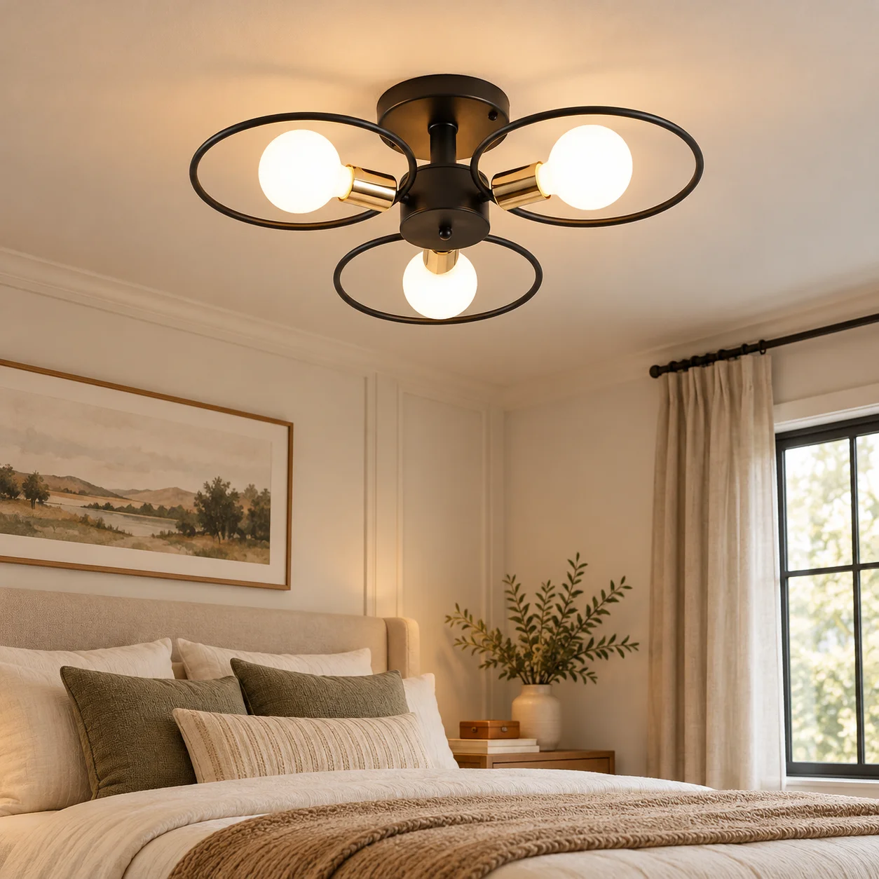 JOYINLED 3-Light Modern Flush Mount Ceiling Light Black Gold Ring Design E27 Fixture for Bedroom Living Room Hallway Dining Room