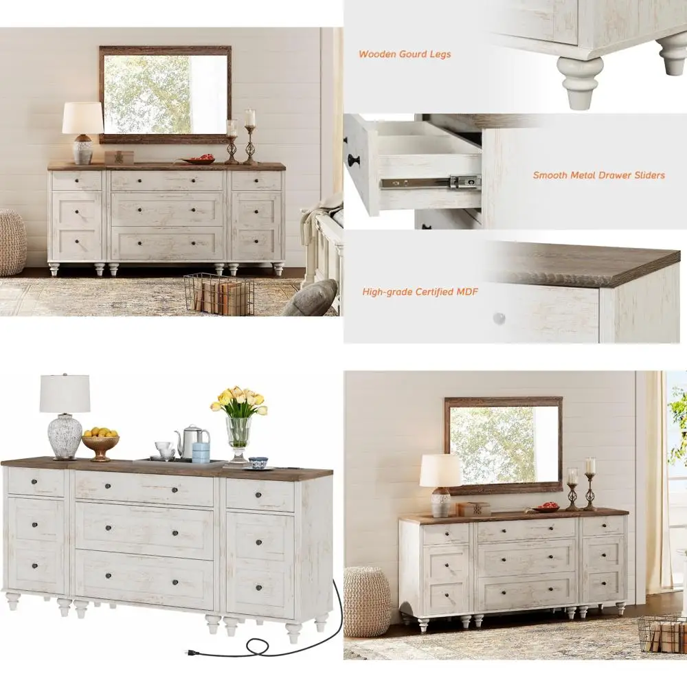 bedroom 5-drawer dresser with dual storage cabinets, living room end table featuring charging station in mid-century modern styl