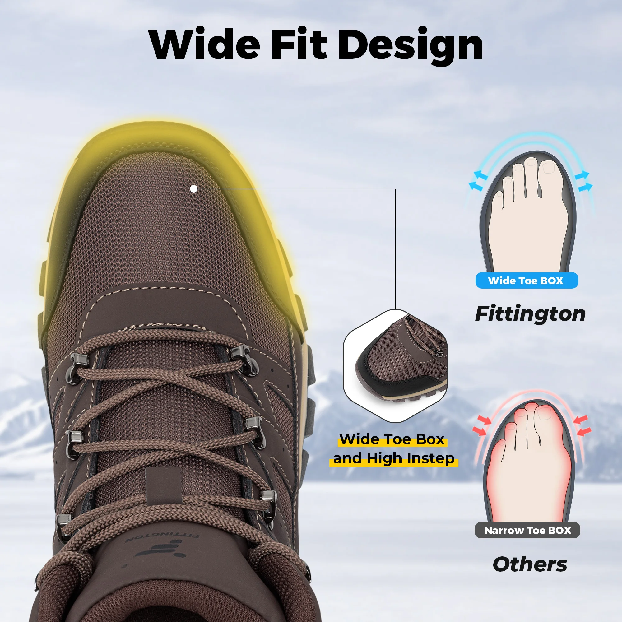 Fittington Men's Hiking Boots Wide Toe High-Top Winter Boots Water-repellent Trekking Shoes for Men Autumn Anti-slip