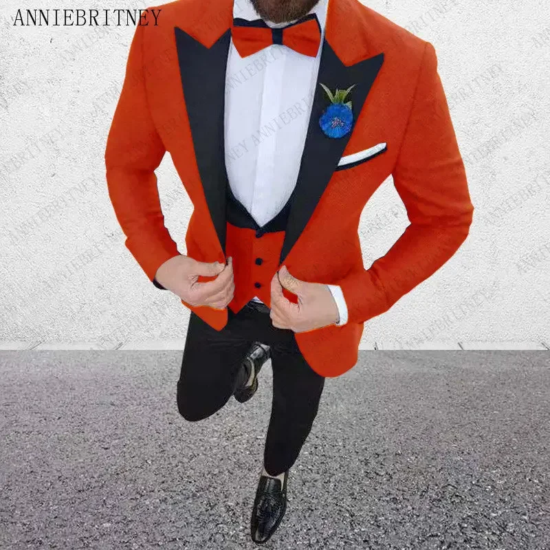 

Solid Color Orange Casual Wedding Suit For Men Slim Fit 3 Piece Groom Tuxedo Prom Party Jacket Blazer Sets Costume Homme De Luxe