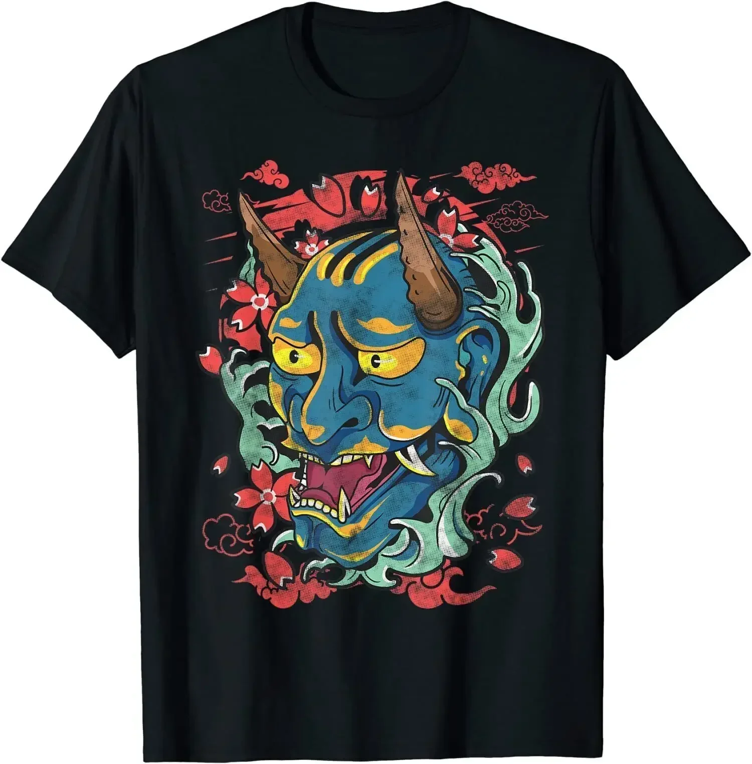 Oni Japanese Demon Mask Blue  O-Neck Cotton T Shirt Men Casual Short Sleeve Tees Tops Harajuku Streetwear