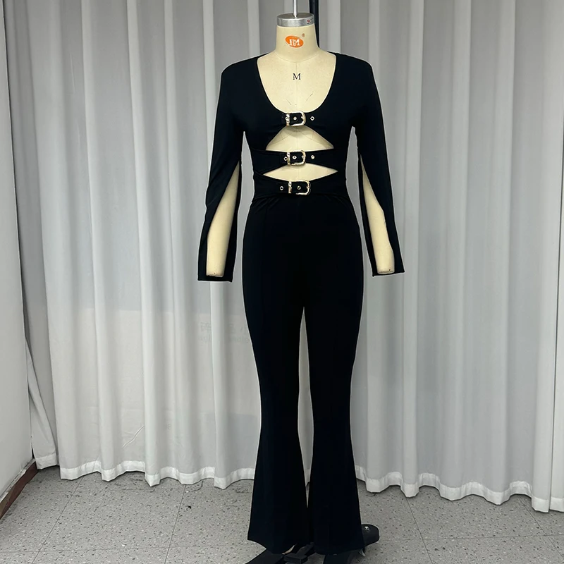 Wefads Jumpsuit Women Clothing Fashion Solid Long Sleeve V Neck Hollow Belt Nipped Waist Flare Pants Rompers High Streetwear