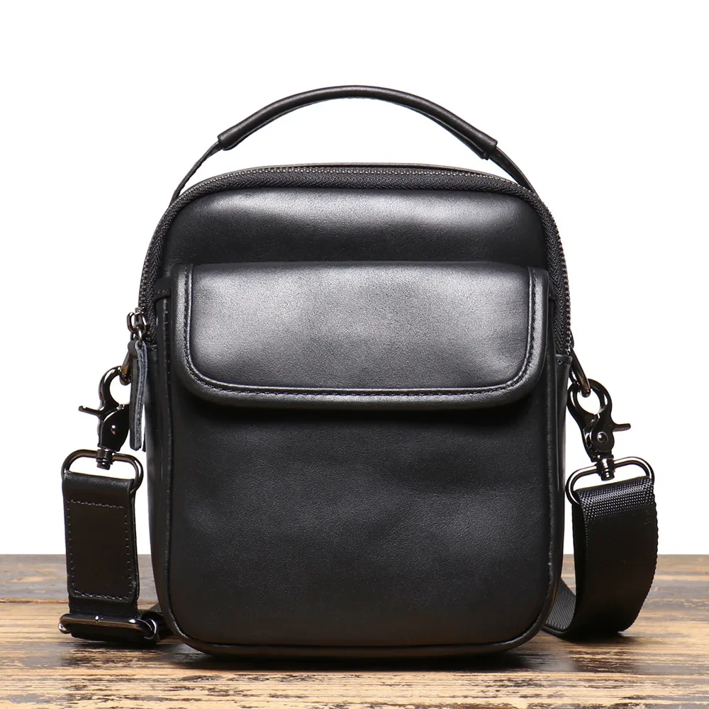 Men's Small Body Bag Leather Mobile Phone Bag Cowhide Single Shoulder Crossbody Bag Casual All-match Backpack Handbag