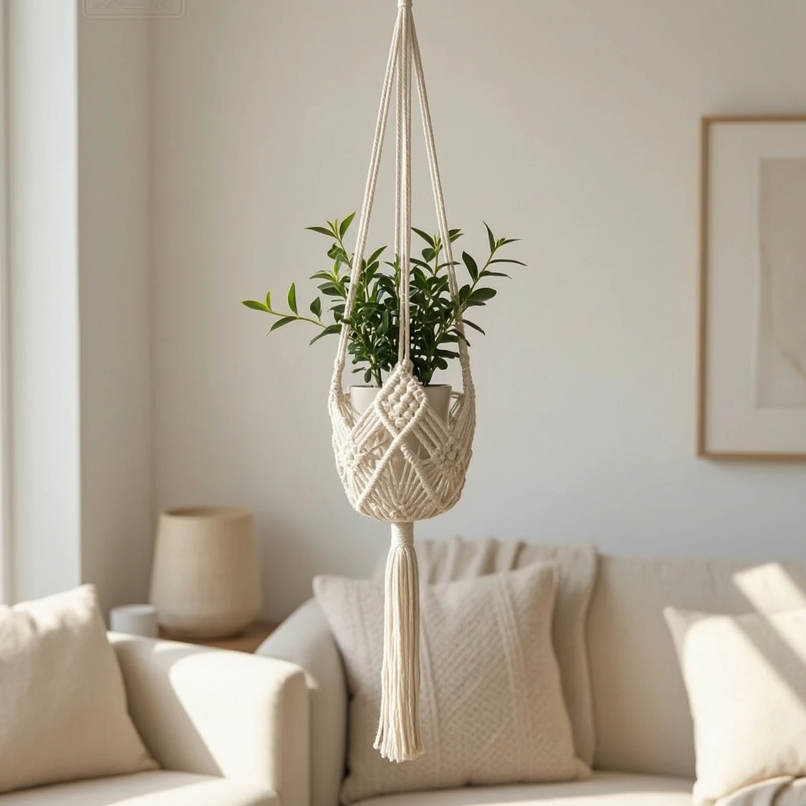 Macrame Plant Hanger Indoor Hanging Plant Holder Macrame Hanger with Tassel Natural Cotton Hanging Planter Basket Boho