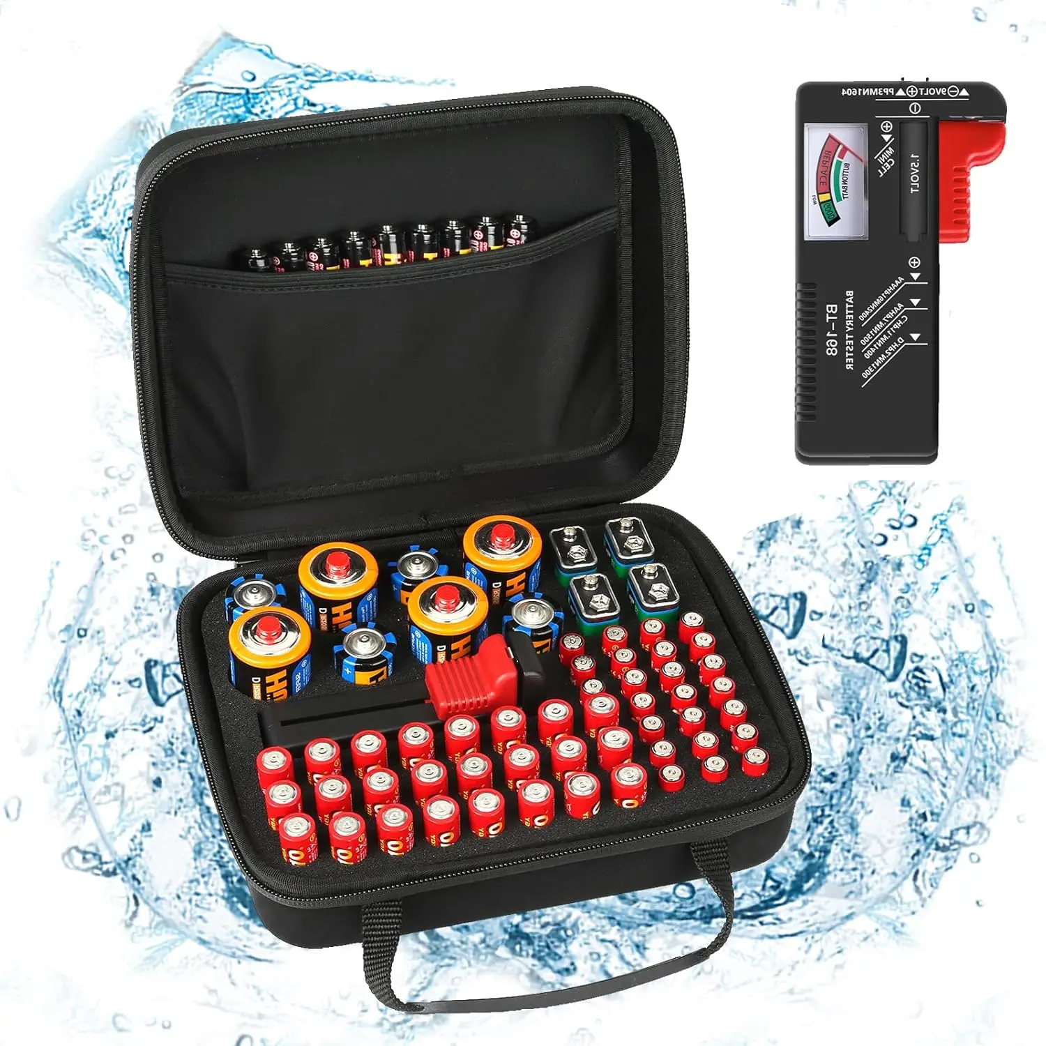 

Waterproof Battery Organizer Case with Tester, Holds 60+ AA AAA C D 9V Batteries for Travel and Storage