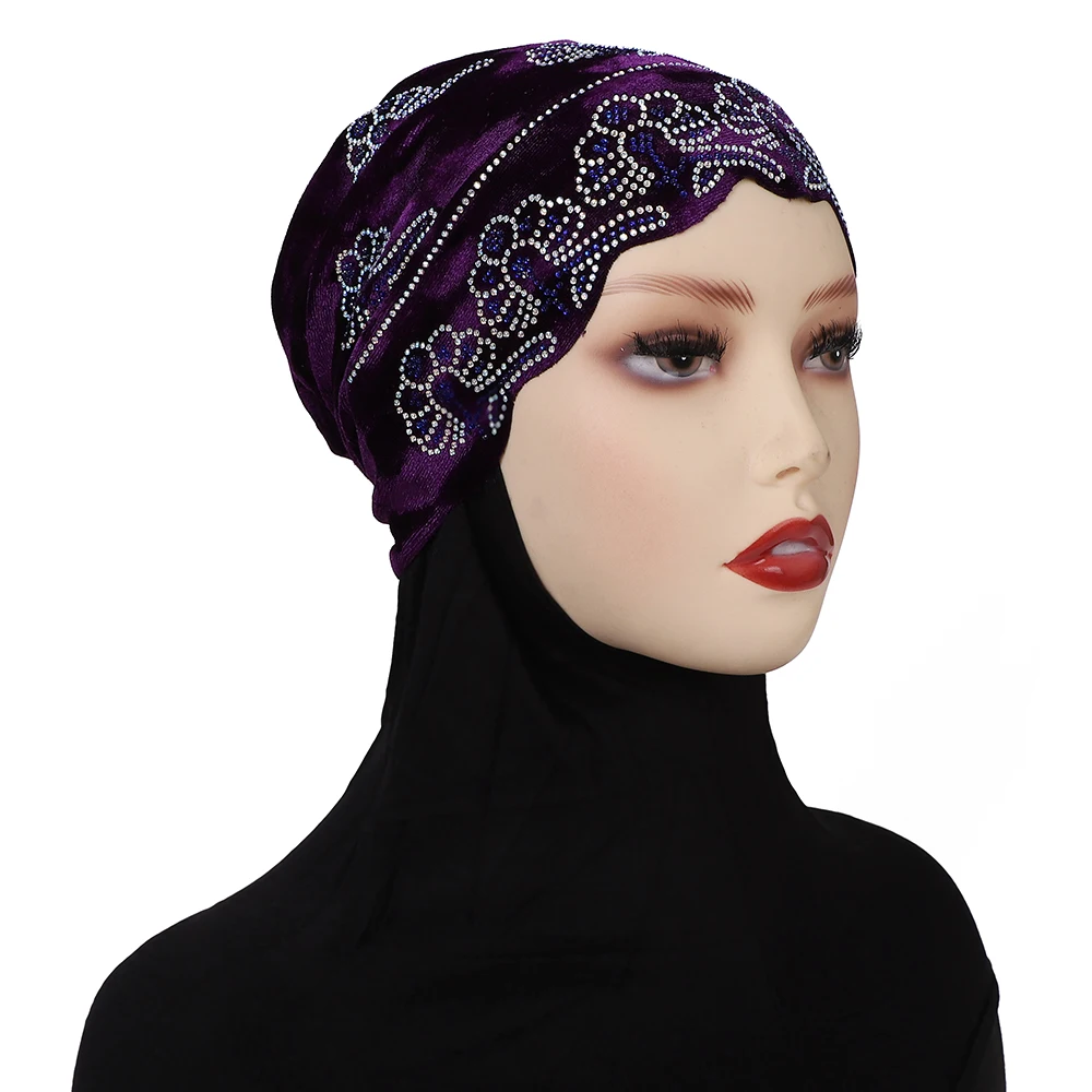 Diamonds Undercap Stretchy Hijab Plain Soft Bonnet Muslim Women Elastic Flannel Inner Hijab Turban Islam Underscarf