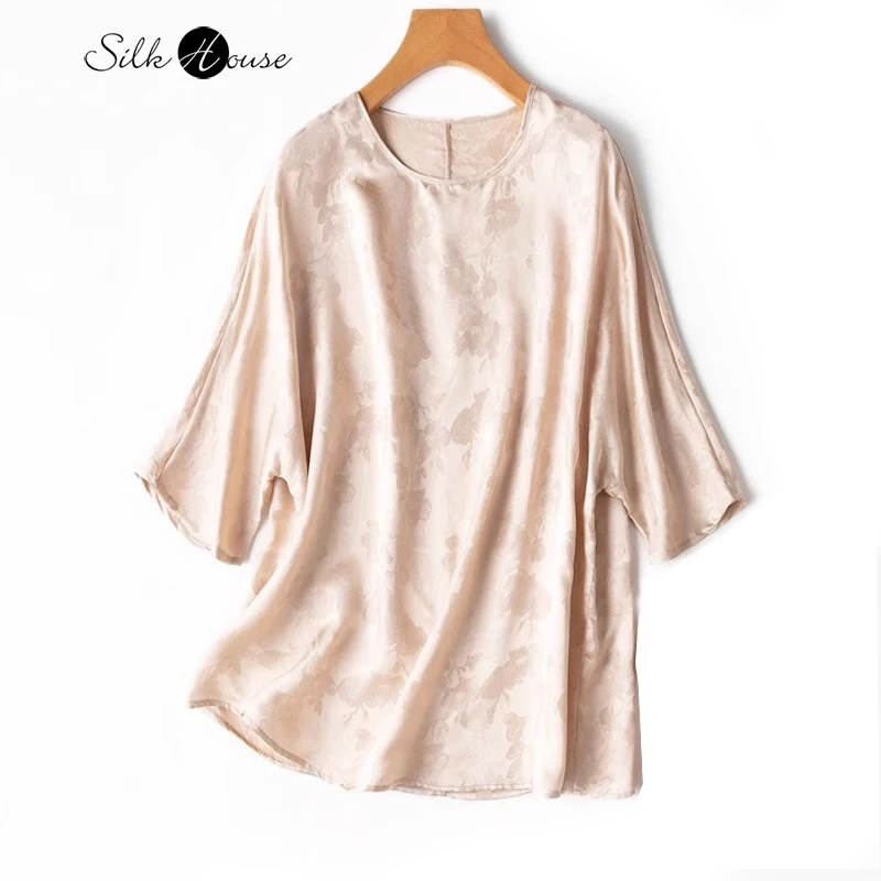 

2024 Women's Summer New Temperament Champagne 100%Natural Mulberry Silk HuaLuo Middle Batwing Sleeve Casual T-shirt