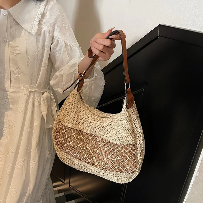 Sommerliche Stroh-Schultertasche mit Großer Kapazität, Gehäkelte Strandtasche für Damen, Handgefertigte Gewebte Hohle Unterarmtasche, Stricktasche