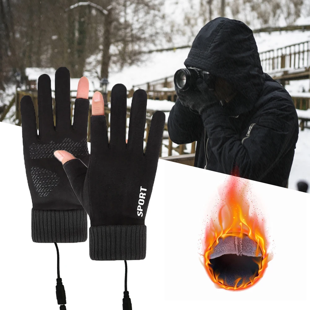 Electric Heated Hand Warmer Non-Slip USB Heated Motorcycle Gloves Touch Screen 2 Finger Heated Gloves for Women Men Cycling Runn