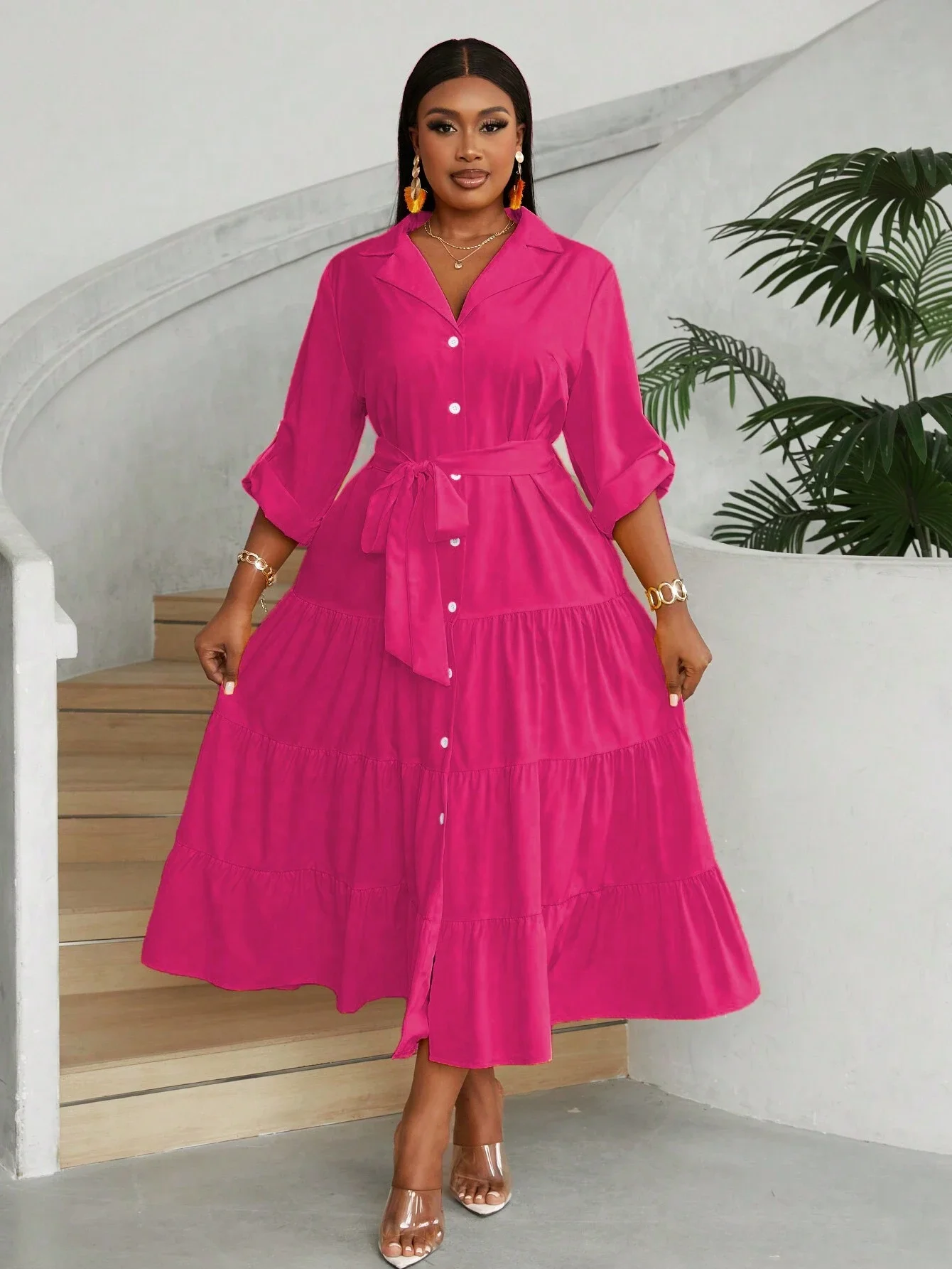 

Plus Size Casual Solid Front Button Shirt Dress With Belt Tiered Maxi Women Outfit