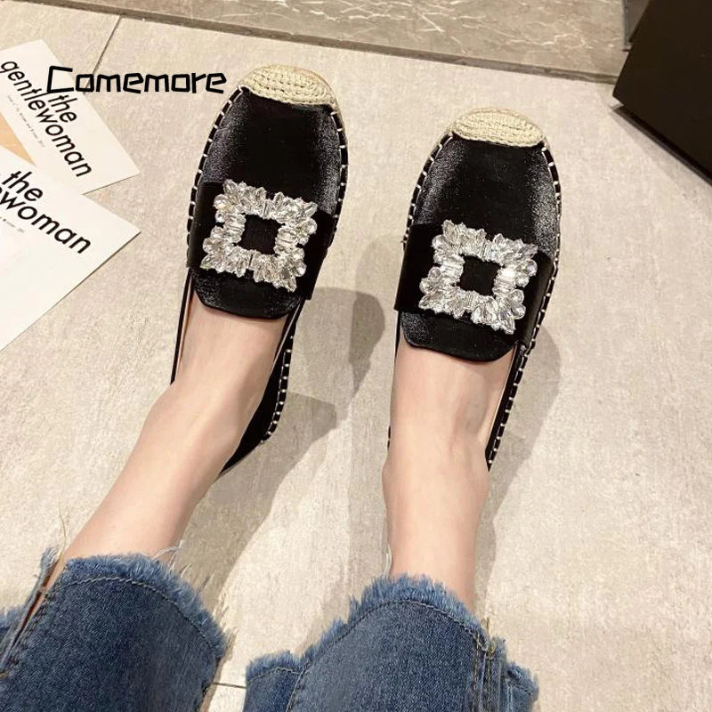 Comemore-Mocassins en cristal pour femmes, chaussures élégantes à enfiler, mocassins en satin de luxe, taille 43