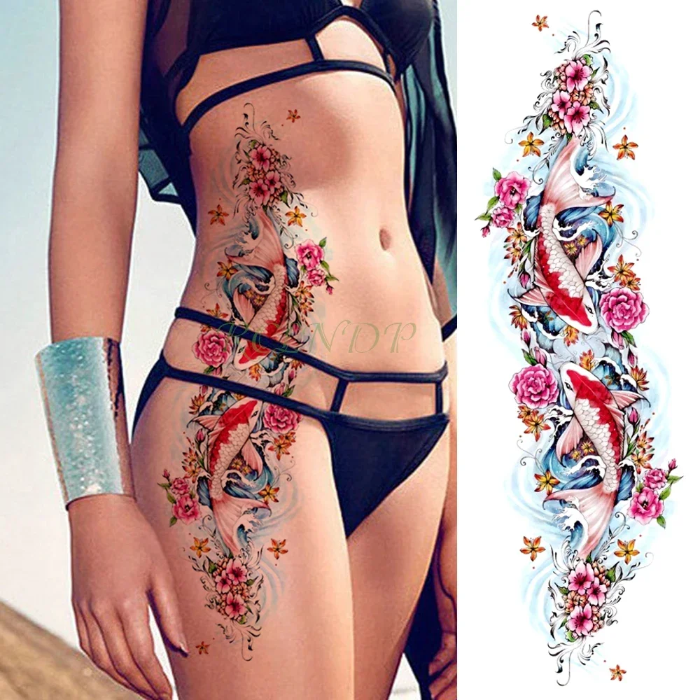 Waterproof Temporary Tattoo Sticker carp fish flower full arm fake tatto flash tatoo sleeve large size for girl men women lady