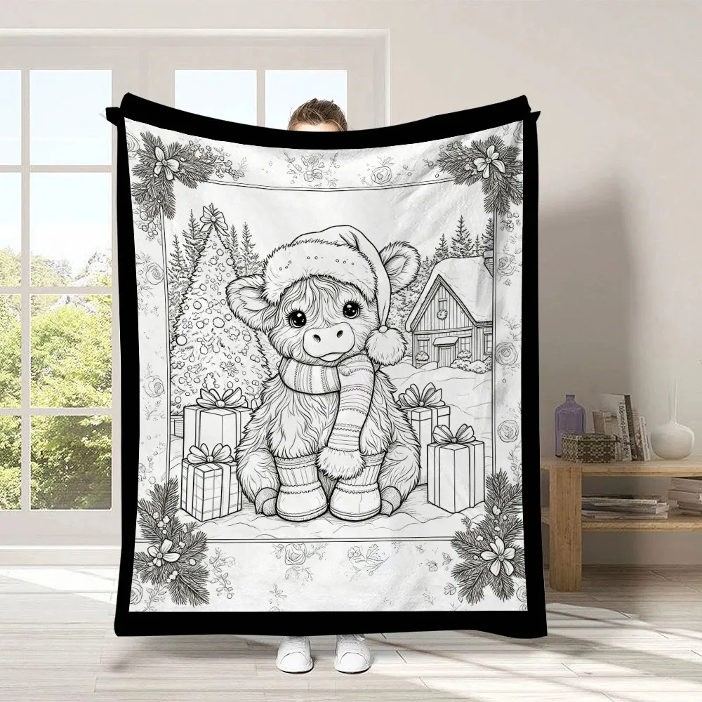 Hand Drawn Santa Hat Cow Winter Cabin Gift Pattern DIY Graffiti Blanket Flannel Cozy Throw Blanket