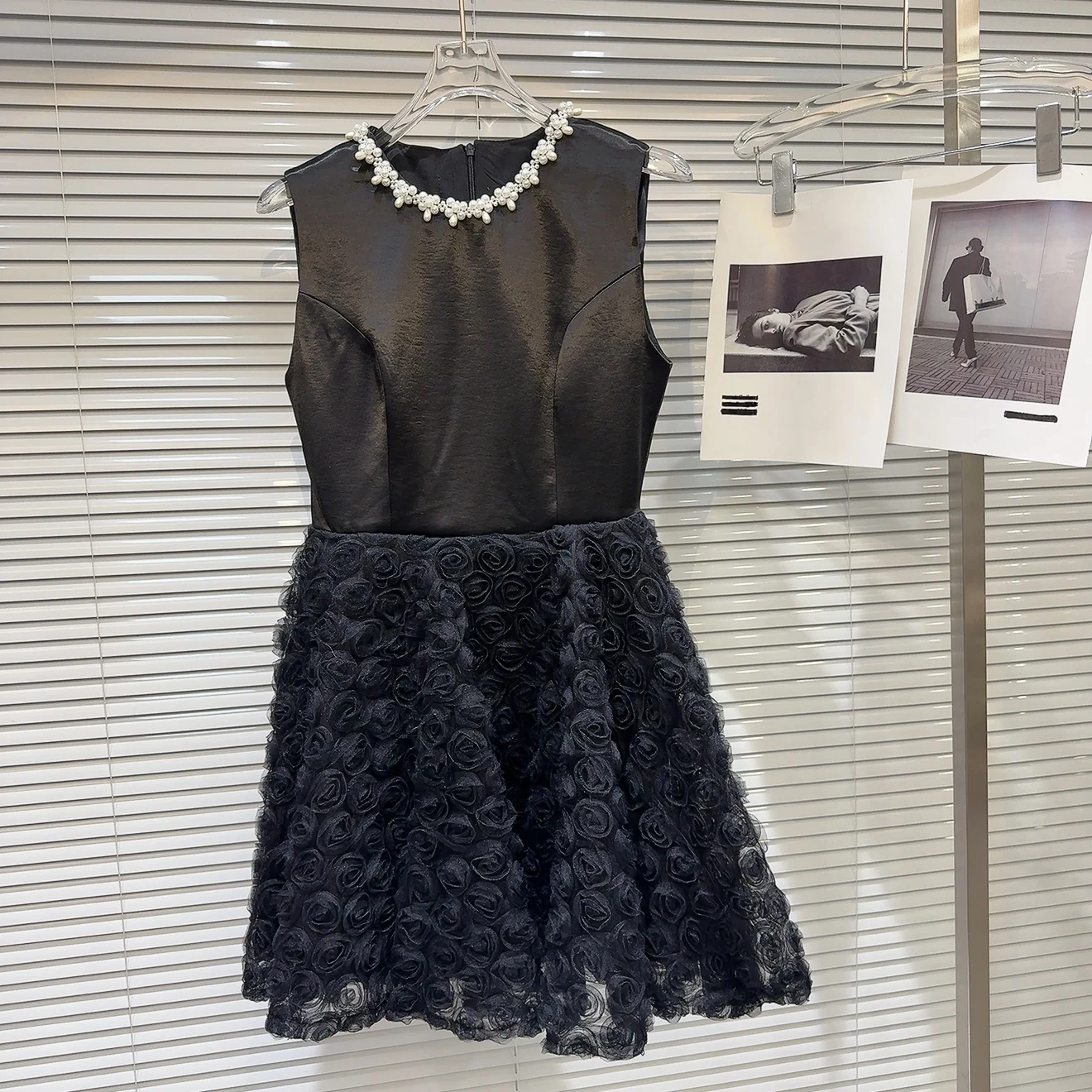 Été nouveauté doux Sle taille haute col de perles dentelle Patchwork Satin gilet Dr Midi jupe ronde Ne couleur