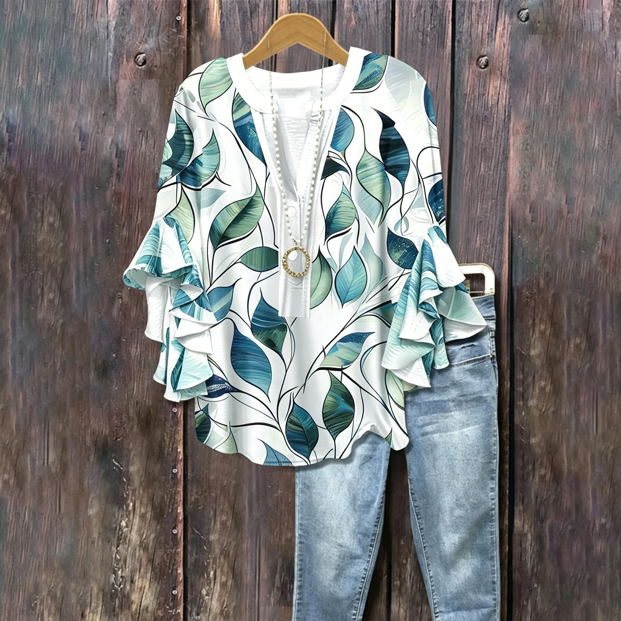 Women's Spring Summer 3D Printed V Neck Ruffle Blouse, White Blue Green Hand Drawn Leaf Fresh Art Daily Tee
