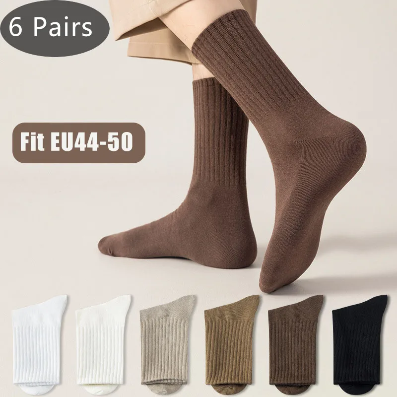 6 Pairs Large Size Man Crew Socks Cotton Business Solid Breathable Deodorant Party Dress Long Socks Gentleman Plus 4 Seasons